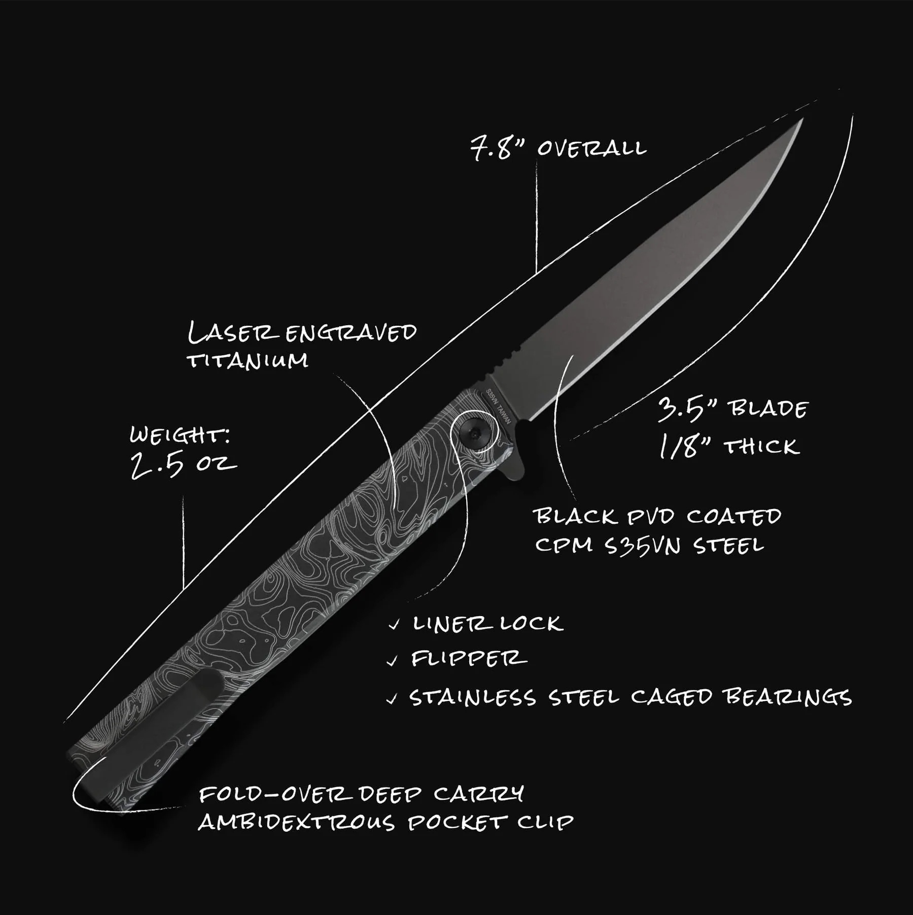 OCASO Engraved Titanium Topo Solstice Black Preklopni nož