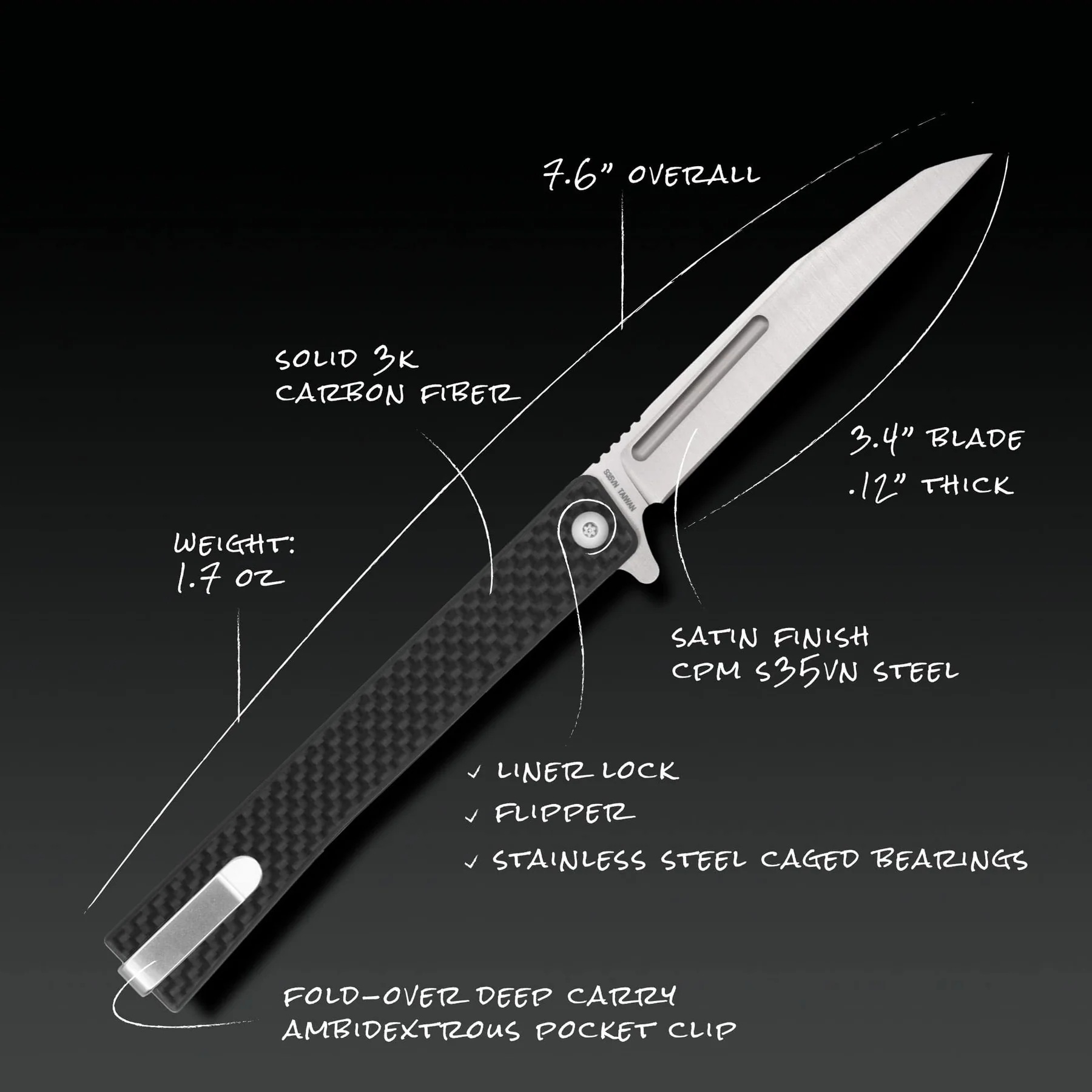 OCASO Solstice Carbon Fiber Wharncliffe SATIN Preklopni nož
